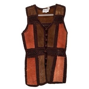 Vintage Suede Patchwork Panel Macrame Crocheted Vest 70s Boho Hippie Festival